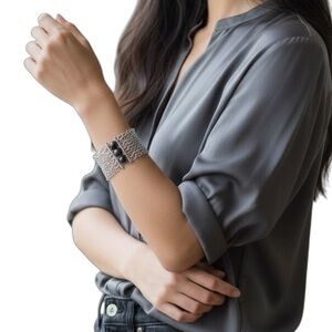 EDITA Multi Strand Silver Chain Bracelet w Black Beads by Israeli Artist R$105